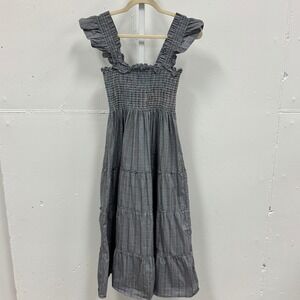 Hill House Ellie Nap Dress XS Grey Blue Plaid Smocked Ruffle Midi Dress Picnic